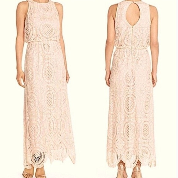 ELIZA J Crochet Lace Maxi Dress Cream Blush Sleeveless Keyhole Back Size 8 - Picture 2 of 14